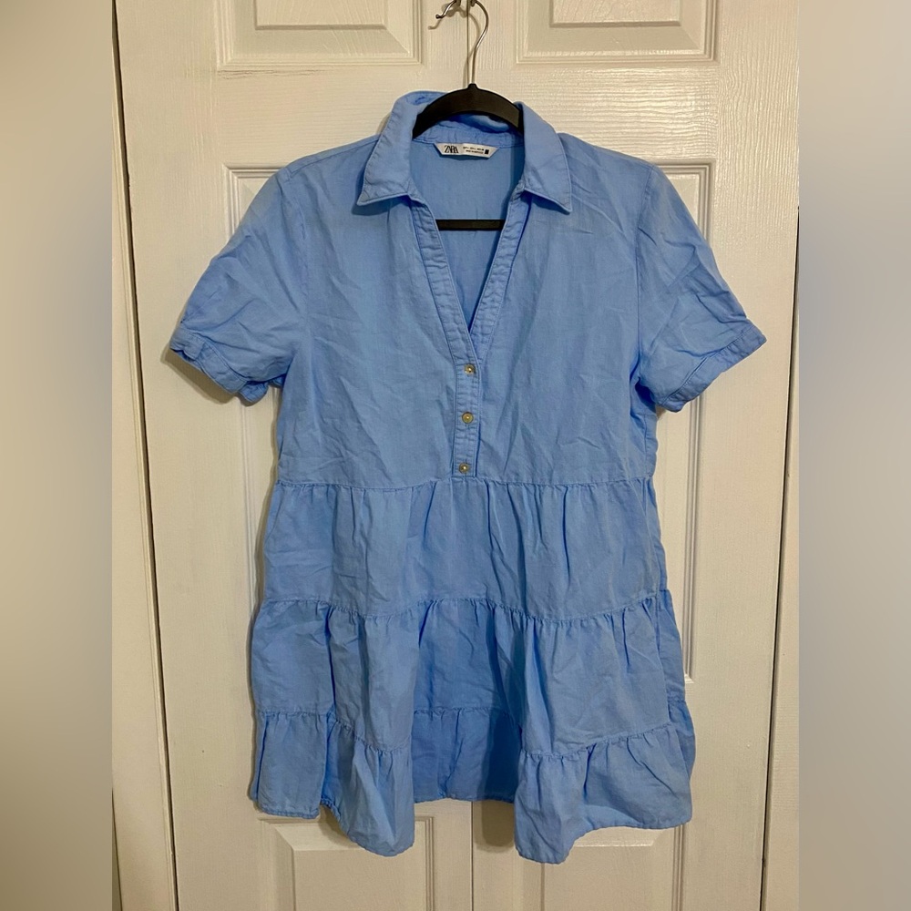 Zara Linen Blend Dress L Blue Short Sleeve Tiered Collared Preppy City Beach